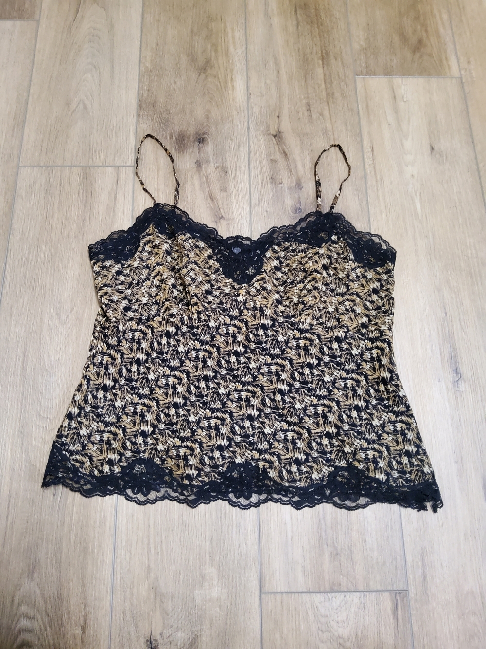 Ann Taylor 100% Silk Abstract Brush Mark Lace-Trim Cami Tank Top